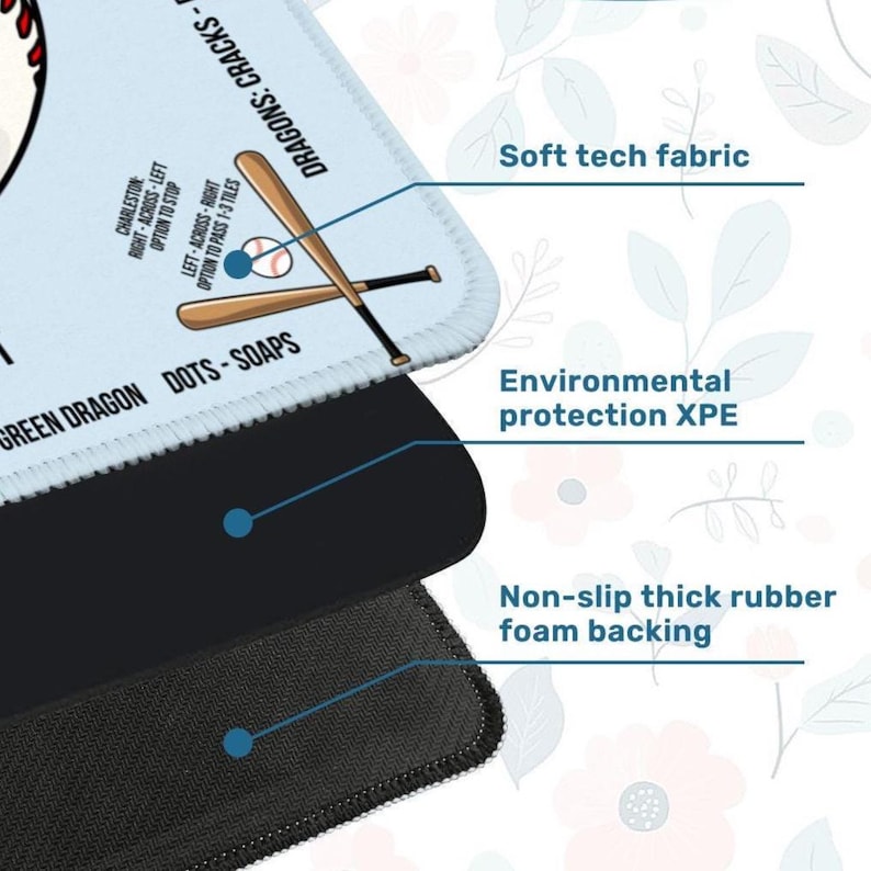 May include: A multi-layered mat featuring a light blue top surface with baseball graphics, text including 'DRAGONS: CRACKS', 'GREEN DRAGON', and 'DOTS - SOAPS', a middle layer of environmental protection XPE, and a non-slip thick rubber foam backing.