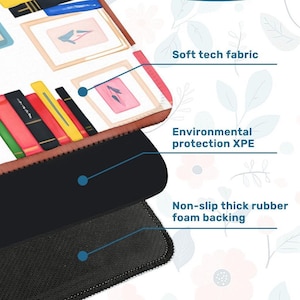 May include: A desk mat with a watercolour design of books and framed art. The mat has a soft tech fabric, environmental protection XPE, and a non-slip thick rubber foam backing.