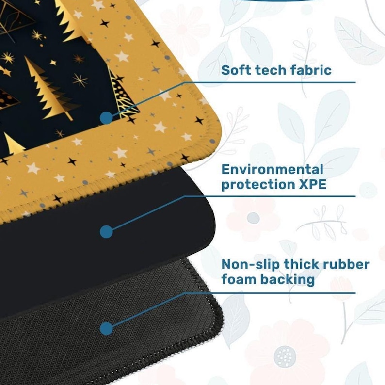 Pode incluir: Um tapete multicamadas com uma camada superior de tecido t&eacute;cnico macio com um padr&atilde;o de &aacute;rvores de Natal e estrelas em preto e dourado, uma camada interm&eacute;dia de XPE de prote&ccedil;&atilde;o ambiental e uma base de espuma de borracha espessa antiderrapante.