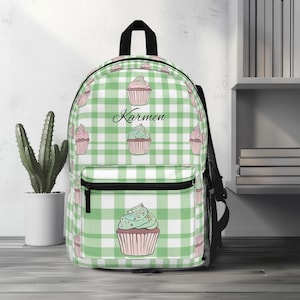 Cupcakes on Green Gingham Backpack, Green Gingham Print Bookbag, Personalized School Bag for Girls, Sweet Bakery Birthday Gift