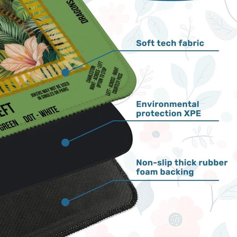 May include: A close-up of a multi-layered mousepad. The top layer has a green border with text and a floral design. The middle layer is black, and the bottom layer is a textured black. Text on the mousepad includes "Soft tech fabric" and "Non-slip thick rubber foam backing."