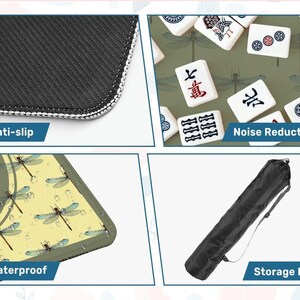 May include: A mousepad with a dragonfly design, featuring anti-slip, waterproof, and noise reduction properties. Includes a storage bag. The mousepad has a black and white border and the text "Anti-slip", "Waterproof", "Noise Reduction", and "Storage Bag".