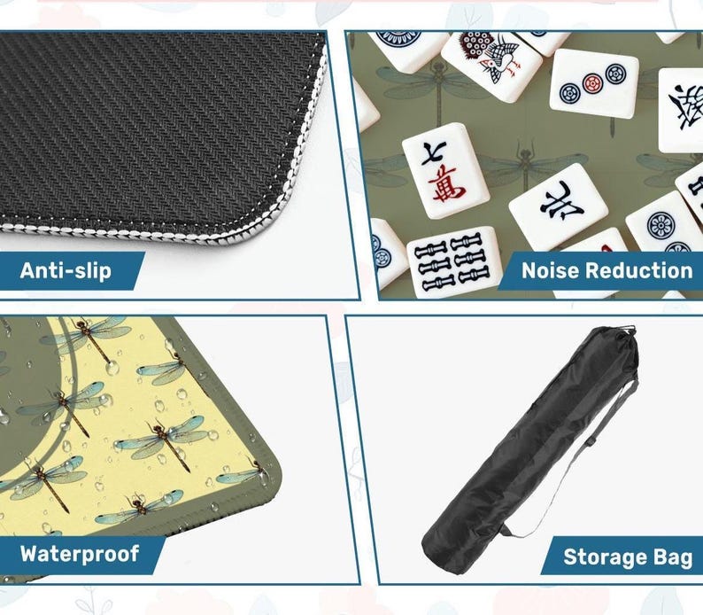 May include: A mousepad with a dragonfly design, featuring anti-slip, waterproof, and noise reduction properties. Includes a storage bag. The mousepad has a black and white border and the text "Anti-slip", "Waterproof", "Noise Reduction", and "Storage Bag".