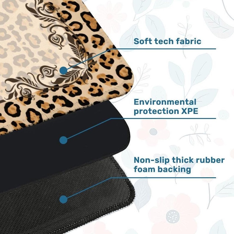 Pode incluir: Um mousepad em camadas com um design de estampa de leopardo e borda decorativa. A camada superior &eacute; de tecido t&eacute;cnico macio, seguida por prote&ccedil;&atilde;o ambiental XPE e um suporte de espuma de borracha espessa antiderrapante.
