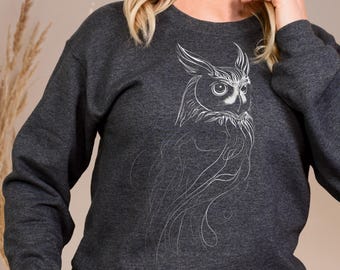 Minimalistische uil lijntekeningen sweatshirt met ronde hals, Halloween-outfit, artistiek uilschetsontwerp, cadeau voor fans van Goblincore en Forestcore, uilshirt
