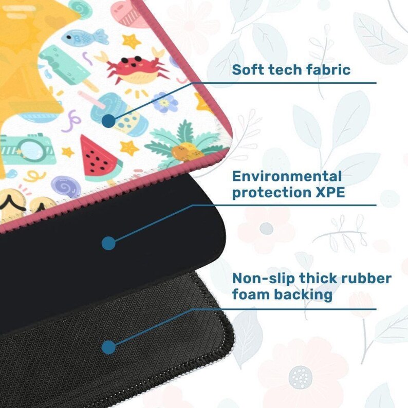 May include: A multi-layered mat diagram showing a top layer of soft tech fabric with a colorful summer pattern, a middle layer of environmental protection XPE, and a bottom layer of non-slip thick rubber foam backing with a textured surface.