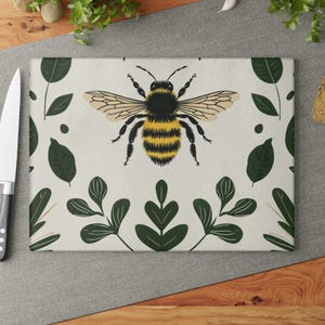 Honeybee Glass Cutting Board, Garden Kitchen Decor, Personalized Bee Lover Gift, Tempered Glass Chopping Board, Cottagecore Spring Style