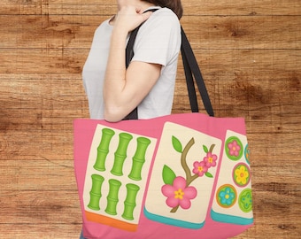 Big Tiles Mahjong Carry Bag, Mah Jongg Tote for Tiles Racks Cards and Coins, Mahj Hostess Gift Idea, Custom Name Mah Jong Gear Bag Gift