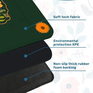 Puede incluir: Producto en capas con una capa superior verde oscuro con un dise&ntilde;o de flor naranja. Las capas incluyen tejido t&eacute;cnico suave, protecci&oacute;n ambiental XPE y un respaldo de espuma de goma gruesa antideslizante. El texto describe las capas.