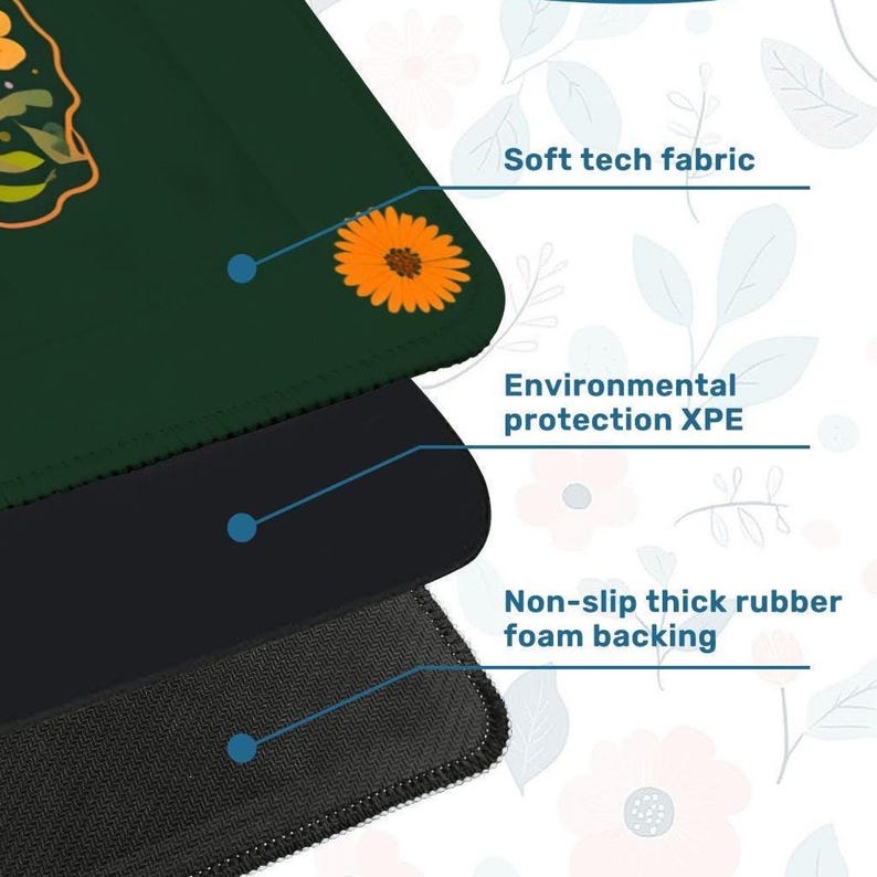 Puede incluir: Producto en capas con una capa superior verde oscuro con un dise&ntilde;o de flor naranja. Las capas incluyen tejido t&eacute;cnico suave, protecci&oacute;n ambiental XPE y un respaldo de espuma de goma gruesa antideslizante. El texto describe las capas.