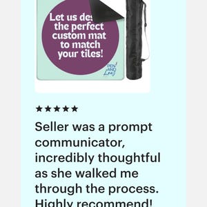 May include: A custom mat with the text "Let us design the perfect custom mat to match your tiles!" in a purple circle on a light green background. A black carrying case is shown next to the mat. The seller is highly recommended.
