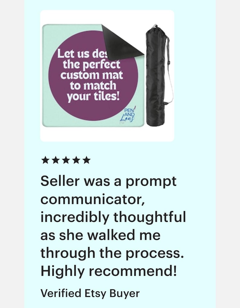 May include: A custom mat with the text "Let us design the perfect custom mat to match your tiles!" in a purple circle on a light green background. A black carrying case is shown next to the mat. The seller is highly recommended.