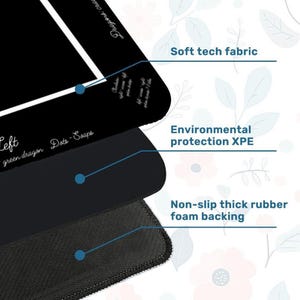 May include: A multi-layered rectangular mat featuring a black top surface with white text, a middle layer labeled as environmental protection XPE, and a bottom layer consisting of a non-slip thick rubber foam backing with a textured finish.