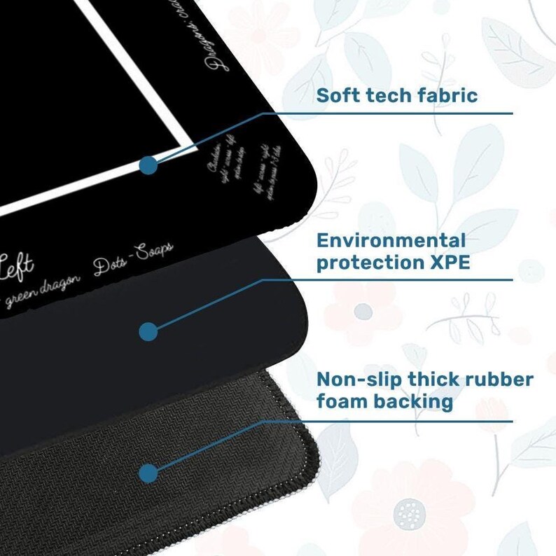 May include: A multi-layered rectangular mat featuring a black top surface with white text, a middle layer labeled as environmental protection XPE, and a bottom layer consisting of a non-slip thick rubber foam backing with a textured finish.