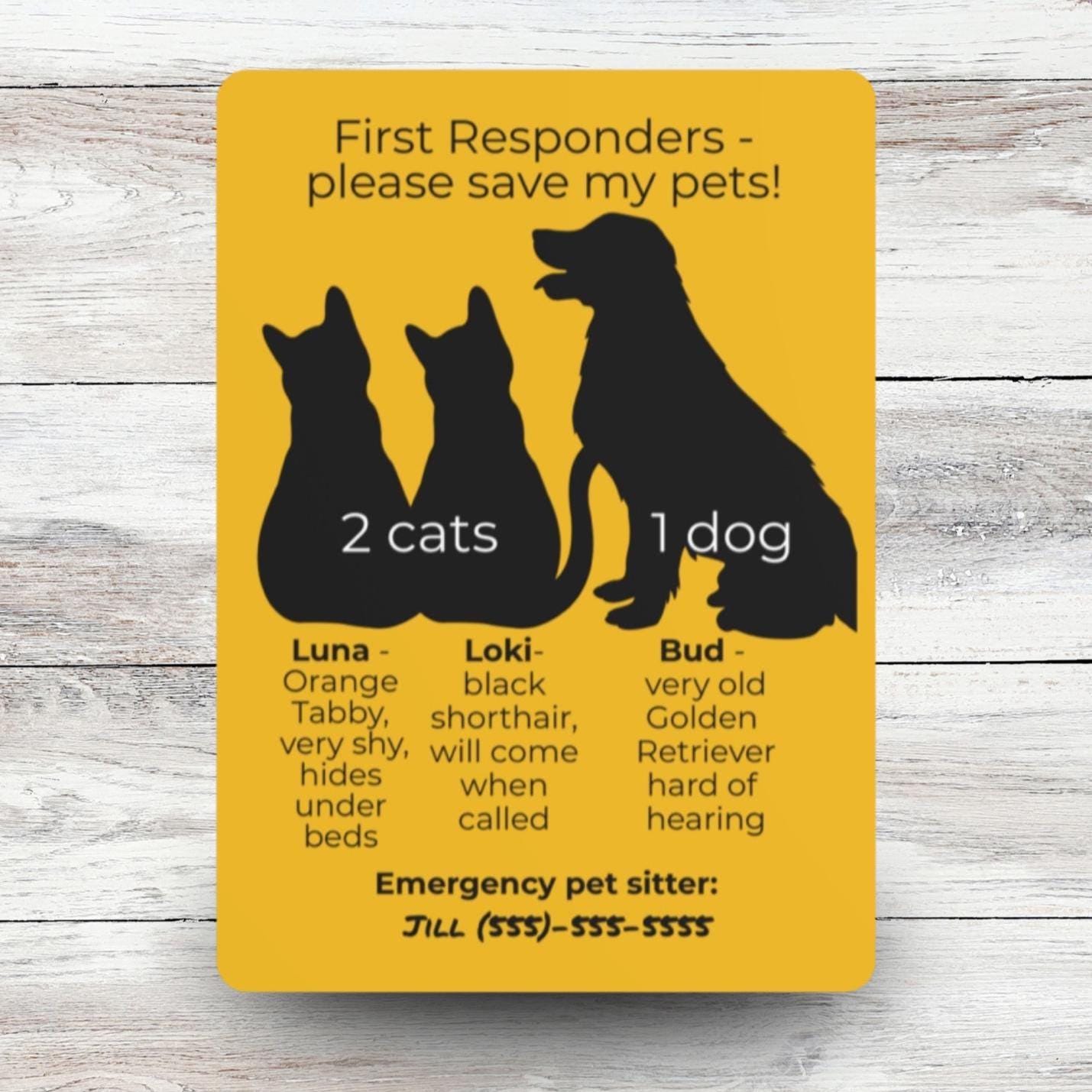 First Responder Pet Alert Sign, Custom Metal Emergency Pet Info Sign for Door or Window, Peace of Mind Gift for Seniors and Pet Parents