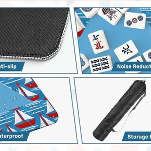 May include: A blue and white Mahjong mat with red sailboats, featuring anti-slip, noise reduction, and waterproof properties. Includes a black storage bag. The mat is designed for playing Mahjong.