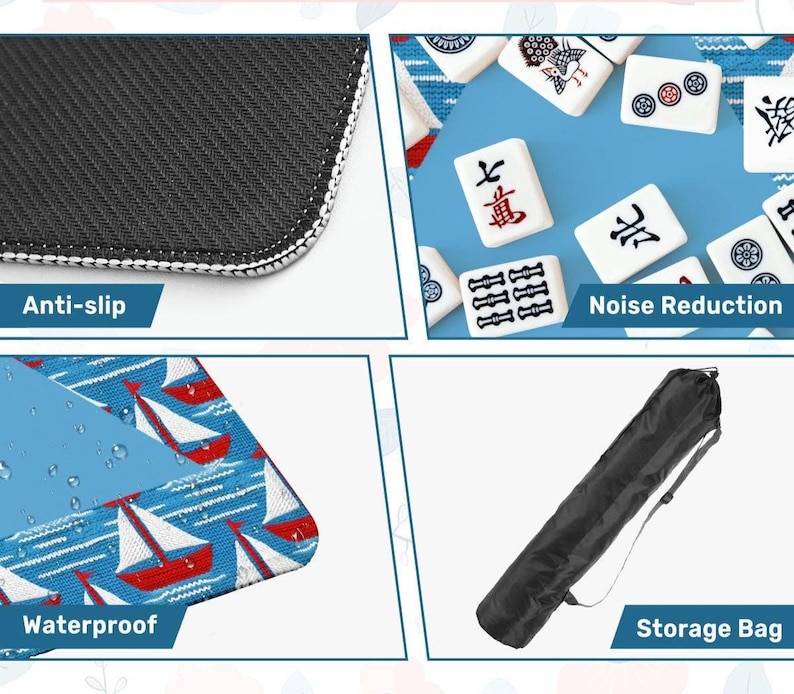 May include: A blue and white Mahjong mat with red sailboats, featuring anti-slip, noise reduction, and waterproof properties. Includes a black storage bag. The mat is designed for playing Mahjong.