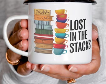 Book and Coffee Lovers Enamel Mug, Lost in The Stacks Funny Reader Cup, Cozy Library Camping Cup, Book Club Group Gift