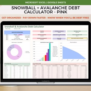 Könnte beinhalten: Ein Laptop-Bildschirm zeigt eine Schuldenrechner-Tabelle mit dem Titel "Snowball & Avalanche Debt Calculator - Pink". Der Bildschirm zeigt Diagramme, Grafiken und Datenfelder zur Finanzverfolgung. Der Text "Get Organized - Pay Down Faster - Know When You'll Be Debt Free" ist ebenfalls sichtbar.