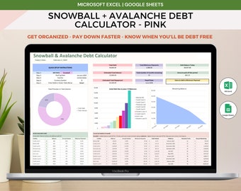 Kombinierter Schneeball Lawinen Schuldenrechner, Kreditabbau, Google Sheets, Microsoft Excel, Leistungsstarkes, einfach zu bedienendes, kostenloses finanzielles eBook Pink