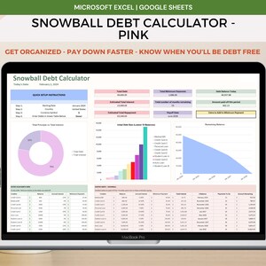 May include: A laptop screen shows a pink "Snowball Debt Calculator" spreadsheet. The spreadsheet includes charts, tables, and instructions for organising and paying down debt. The screen also shows the Microsoft Excel and Google Sheets icons.