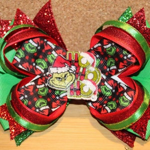 Handmade Christmas Grinch Sparkly Hair Bow