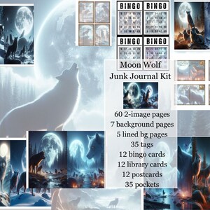 May include: A digital junk journal kit featuring a wolf howling at the moon. The kit includes 60 two-image pages, 7 background pages, 5 lined background pages, 35 tags, 12 bingo cards, 12 library cards, 12 postcards, and 35 pockets.
