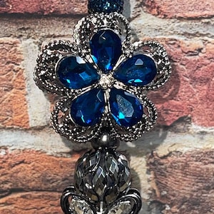 MOOIE BLING-PEN!!! Blingy strass donkerblauwe strass bloem dubbelzijdige handgemaakte pen!!!