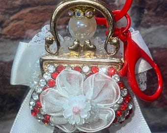 Red Purse Keychain, Blingy Beaded Keychain, Rhinestone Handbag Charm, Red and White Bag Charm, Handmade Keychain
