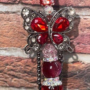 MOOIE BLING-PEN!!! Blingy strass robijnrode vlinder dubbelzijdige handgemaakte pen!!!