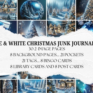GROTE BUNDEL Blauw & Wit Kerst Junk Journal Kit veel Ephemera, Zakken Tags Achtergrondbladen Gelinieerde pagina's Bingokaarten en postkaarten