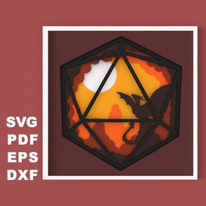 3D D20 Würfel Drache Schatten Box geschichtete SVG-Datei für Scherenschnitt, 3d Papercut svg, überlagerte Cardstock svg, Silhouette Dateien, Cricut Dateien
