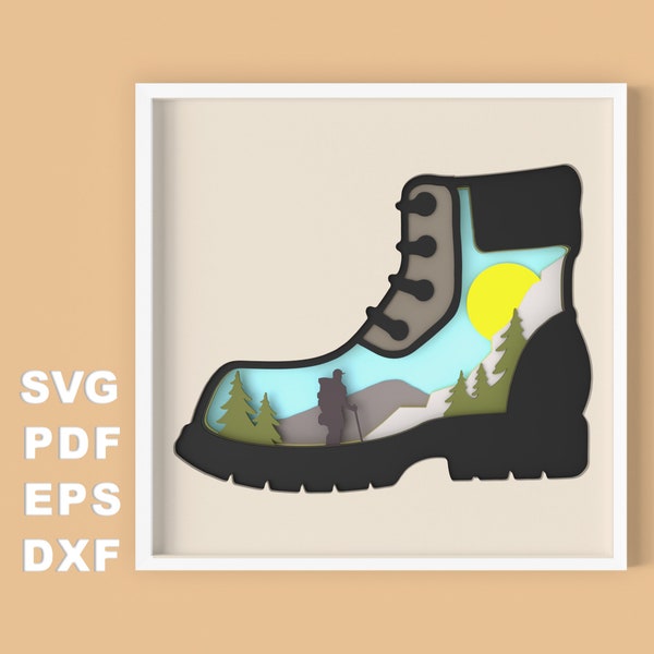 3D Hiking Boot Shadow Box Layered SVG file for Paper Cutting, 3d Papercut svg, Layered Cardstock svg, Silhouette files, Cricut files