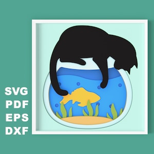 Fichier SVG 3D Cat on Fish Bowl Shadow Box pour découper du papier, svg Papercut 3D, svg de papier cartonné en couches, fichiers Silhouette, fichiers Cricut