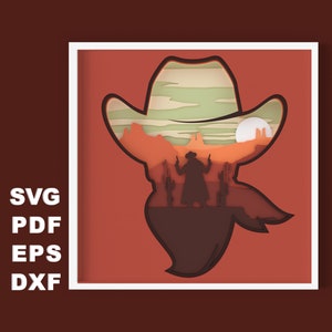 3D Cowboy hoofd schaduw vak gelaagde SVG-bestand voor papier snijden, 3D Papercut SVG, gelaagde Cardstock SVG, silhouet bestanden, Cricut bestanden