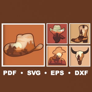 Fichier SVG en couches 3D Cowboy Bundle Shadow Box pour la découpe de papier, 3d Papercut svg, Layered Cardstock svg, fichiers Silhouette, fichiers Cricut