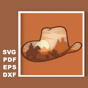 File SVG a strati di scatola delle ombre del cappello da cowboy 3D per il taglio della carta, 3d Papercut in formato SVG, cartoncino a strati in formato SVG, file Silhouette, file Cricut