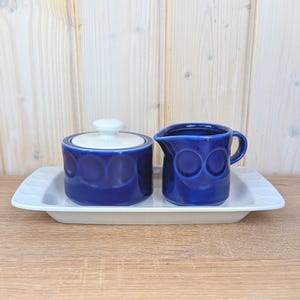 Sugar bowl, Creamer and Tray Set, Kahla Duett, cobalt blue porcelain, GDR East Germany, 1960s 1970s