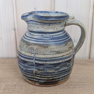 German Handarbeit Studio Pottery Jug, Blue Grey Combed Wave Decoration, Signed Stoneware Pitcher, 1970s