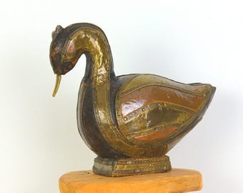 Vintage Wooden Duck Sculpture, Copper and Brass Inlay, Mid Century Decorative Bird, 1970s