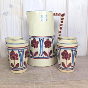 Gollico Austria ceramic pitcher set, hand painted floral design, 1960s pottery