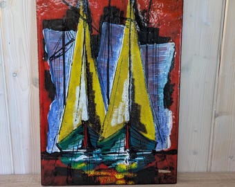 Heibi Ceramics Wall Plate, Sailboat Design, 1960s German Pottery, Vibrant Mid Century Wall Art