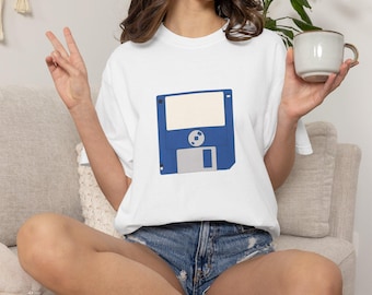 T-shirt retrò con floppy disk blu / Maglietta grafica tecnologica anni '90