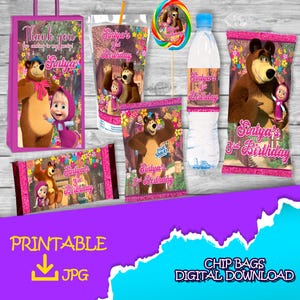Masha e Orso - Sacchetto di patatine - Snack di frutta - Sacchetto di bomboniere - Succo di frutta - Lecca-lecca - Etichette per bottiglie - Cioccolatini stampabili - Masha e Orso DOWNLOAD DIGITALE
