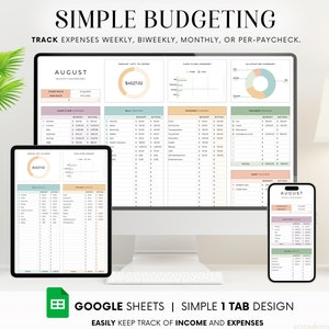 Op de afbeelding: Een computerscherm dat een Google Sheets-spreadsheet weergeeft met een eenvoudige budgetsjabloon voor augustus. De spreadsheet bevat secties voor inkomsten, uitgaven, besparingen en schulden. De sjabloon is ontworpen om gebruikers te helpen hun financiën bij te houden en binnen hun budget te blijven. De tekst "SIMPLE BUDGETING" staat bovenaan het scherm. De tekst "GOOGLE SHEETS | SIMPLE 1 TAB DESIGN" staat onderaan het scherm. De tekst "EASILY KEEP TRACK OF INCOME AND EXPENSES" staat onder de vorige tekst.