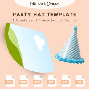 Peut inclure: Un modèle de chapeau de fête avec un chapeau de fête à rayures bleues et blanches et des pompons bleus. L'image comprend un graphique d'un chapeau de fête et des icônes de type de fichier : JPG, PNG, SVG, EPS, DXF et PDF. Le texte indique : MODÈLE DE CHAPEAU DE FÊTE.
