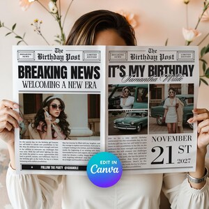 Könnte beinhalten: Eine Geburtstagsanzeige im Zeitungsstil mit der Überschrift "Breaking News Welcoming a New Era". Das Design enthält Fotos, Text und den Satz "It's My Birthday". Das Datum ist der 21. November 2027. Das Design ist in Canva bearbeitbar.