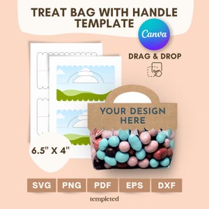 Puede incluir: Una plantilla de bolsa de golosinas con asa, con el texto "YOUR DESIGN HERE" en una etiqueta de papel marrón. La bolsa está llena de caramelos de colores. La plantilla tiene un tamaño de 16.5cm x 10.2cm y está disponible en formatos SVG, PNG, PDF, EPS y DXF.