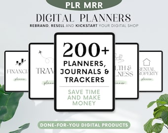 May include: Image featuring digital planners with the text "200+ Planners, Journals & Trackers." The image also includes the text "Rebrand, Resell and Kickstart Your Digital Shop" and "Done-For-You Digital Products."