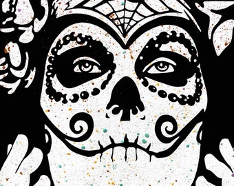 Uplifted Sugar Skull Woman - Green Yellow Gold Purple - 9x12" Canvas Painting
